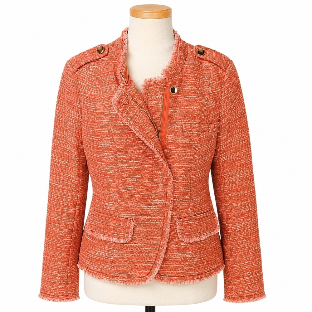 Chicos Womens Size 0 Orange Tweed Zip Front Jacket Frayed Trim Blazer Preppy‎